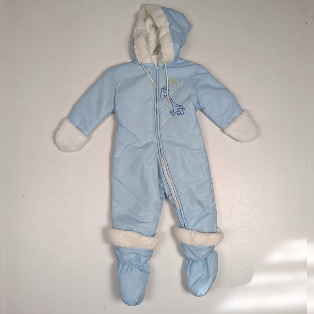 Vtg 80s Quiltex Blue Giraffe Snowsuit Baby Boys 12m